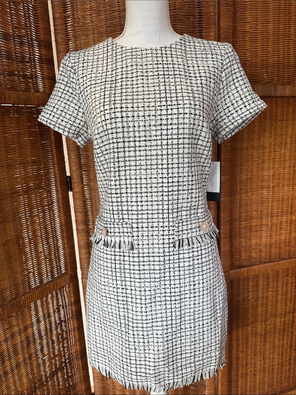 City Studio Black & White Tweed Fringe Mini Dress